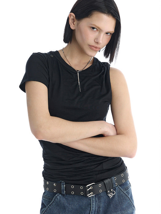 Wconcept_Treemingbird Double-Layer Asymmetric Shoulder T-Shirt [ Black ]