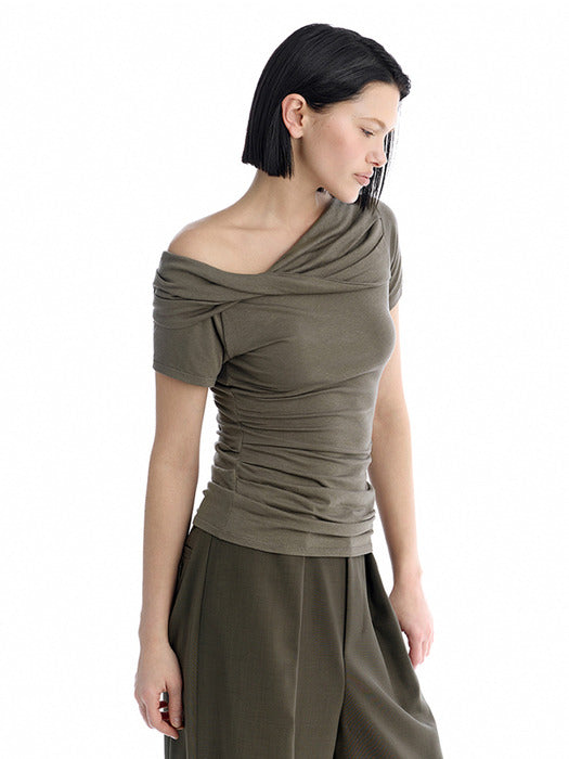 Wconcept_Treemingbird Twisted Overlay Off-Shoulder Top [ Brown ]