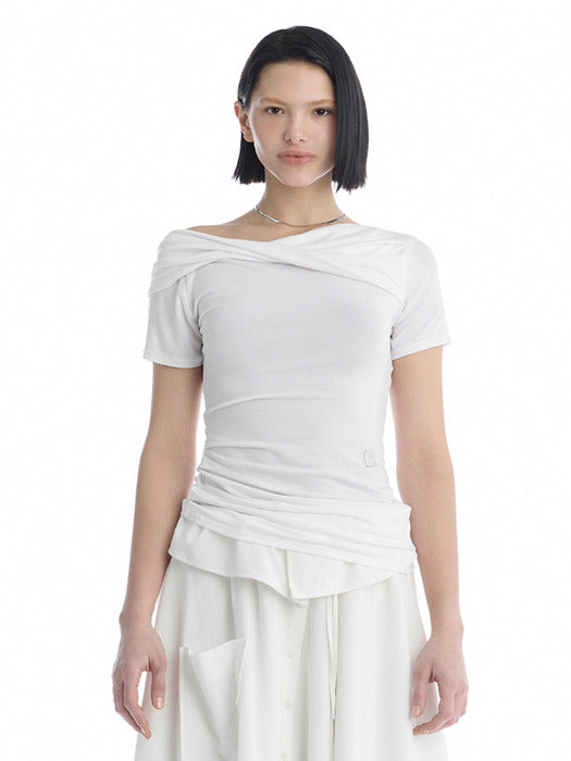 Wconcept_Treemingbird Twisted Overlay Off-Shoulder Top [ White ]