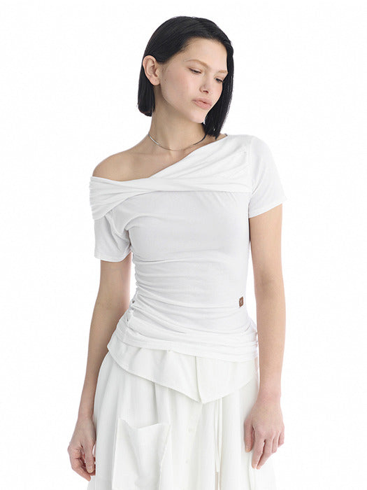 Wconcept_Treemingbird Twisted Overlay Off-Shoulder Top [ White ]