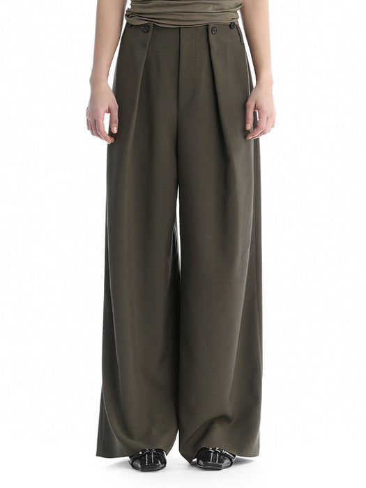Wconcept_Treemingbird Minimal Button-Detail Set-Up Wide Pants [ Khaki ]