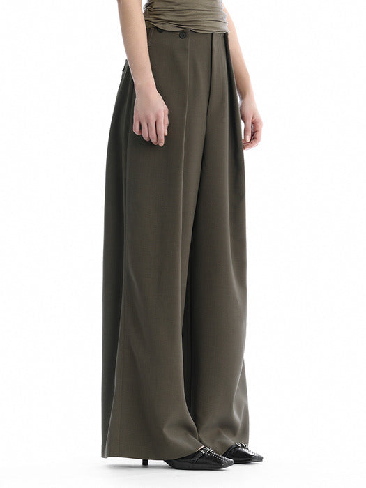 Wconcept_Treemingbird Minimal Button-Detail Set-Up Wide Pants [ Khaki ]