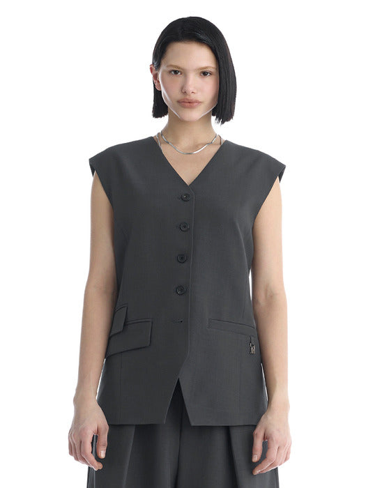 Wconcept_Treemingbird Minimal Button-Detail Set-Up Vest [ Charcoal ]