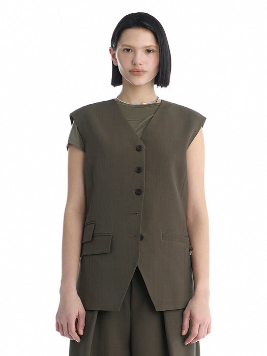 Wconcept_Treemingbird Minimal Button-Detail Set-Up Vest [ Khaki ]