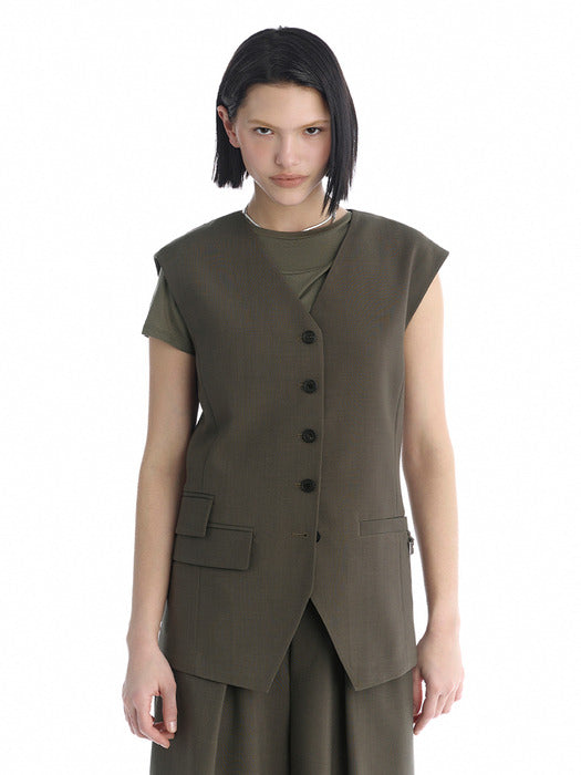 Wconcept_Treemingbird Minimal Button-Detail Set-Up Vest [ Khaki ]