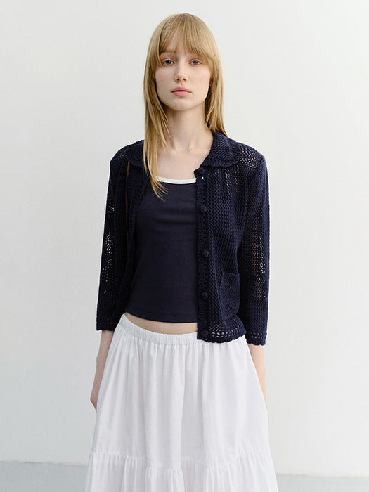 Dunst Crochet Collared Cardigan Navy