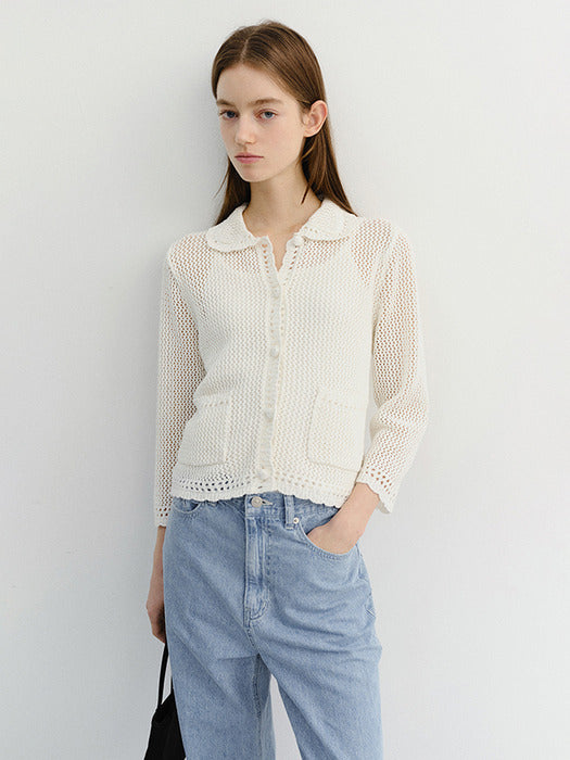 Dunst Crochet Collared Cardigan Ivory