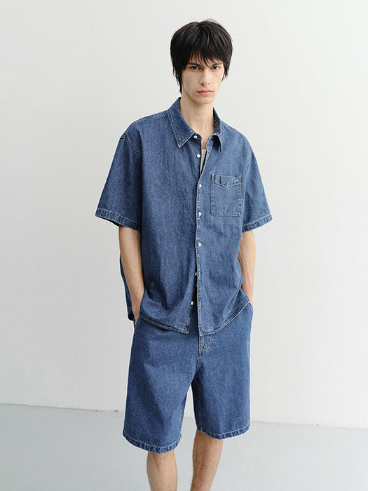 Dunst Unisex Linen Denim Shirt Classic Blue