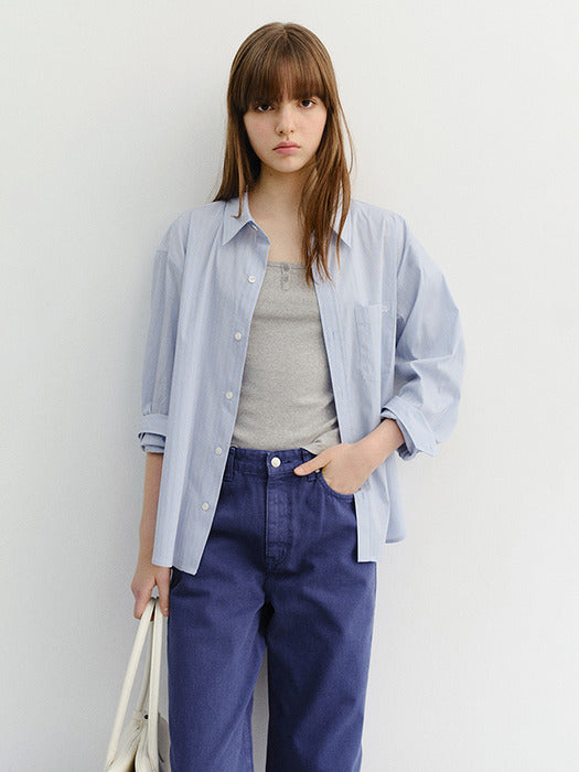 Dunst Unisex Cropped Striped Shirt Blue Stripe