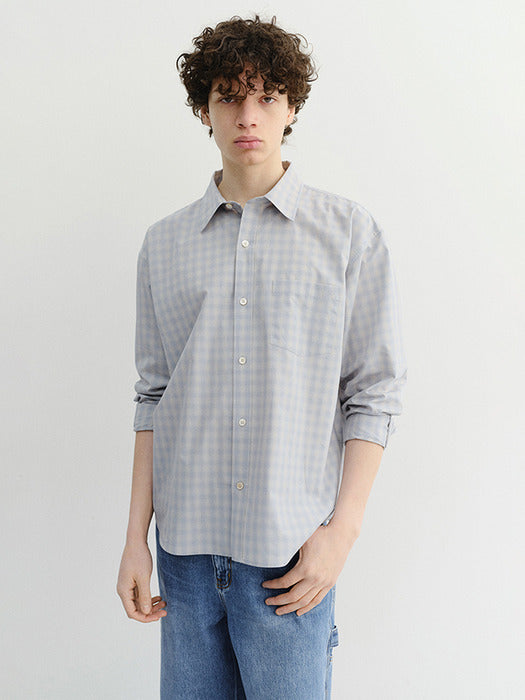 Dunst Unisex Cropped Checked Shirt Soft Blue Check