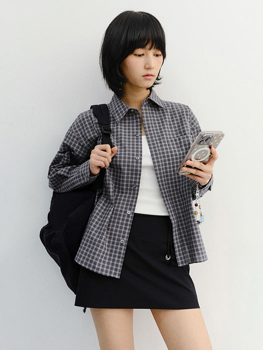 Dunst Unisex Cropped Checked Shirt Navy Check
