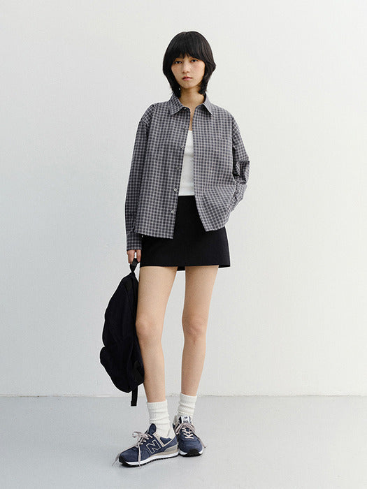 Dunst Unisex Cropped Checked Shirt Navy Check