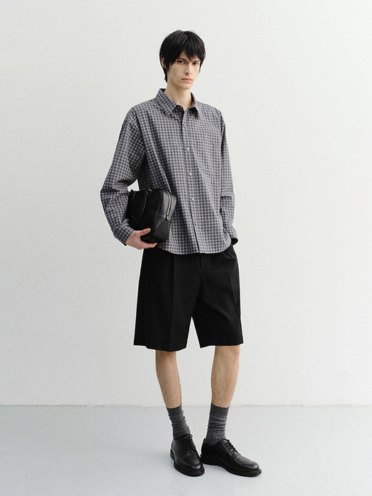Dunst Unisex Cropped Checked Shirt Navy Check