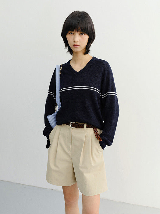 Dunst Unisex V-Neck Striped Sweater Navy