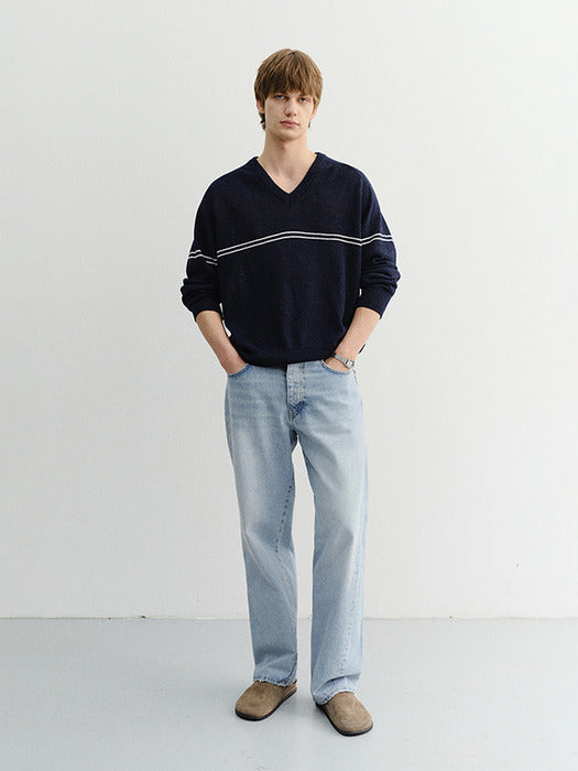 Dunst Unisex V-Neck Striped Sweater Navy
