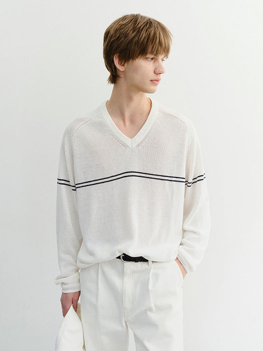 Dunst Unisex V-Neck Striped Sweater Cream