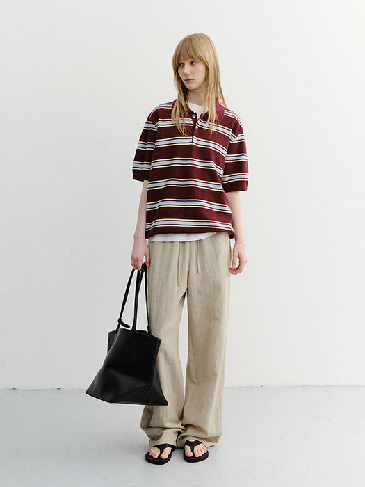 Dunst Unisex Multi Striped Polo Knit Burgundy Sky Blue