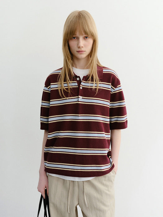 Dunst Unisex Multi Striped Polo Knit Burgundy Sky Blue