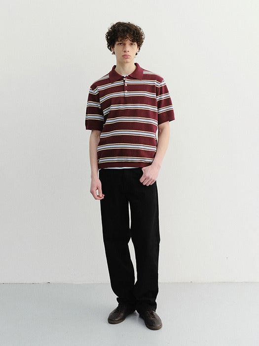 Dunst Unisex Multi Striped Polo Knit Burgundy Sky Blue