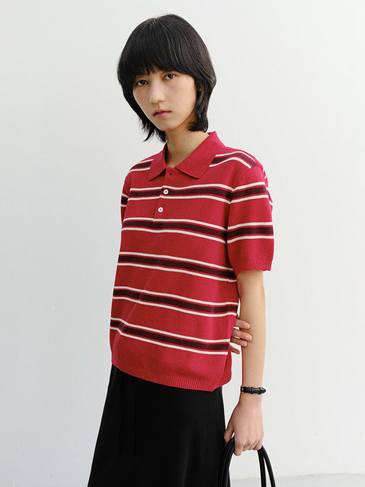 Dunst Unisex Multi Striped Polo Knit Red Burgundy