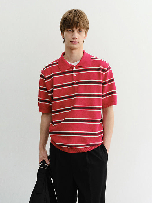 Dunst Unisex Multi Striped Polo Knit Red Burgundy