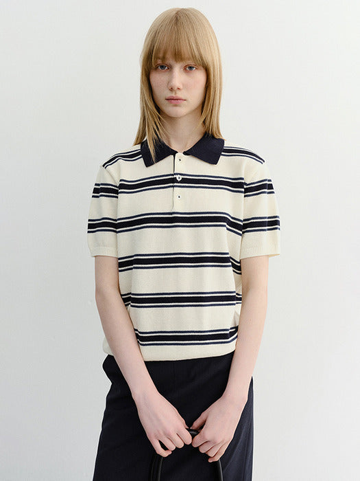 Dunst Unisex Multi Striped Polo Knit Cream Navy