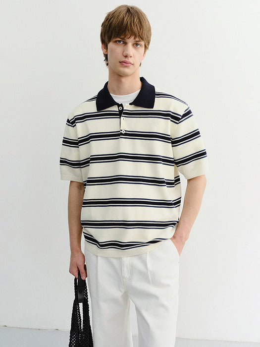 Dunst Unisex Multi Striped Polo Knit Cream Navy