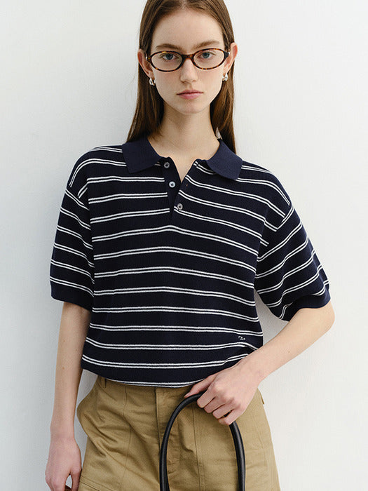 Dunst Unisex Soft Striped Polo Knit Navy