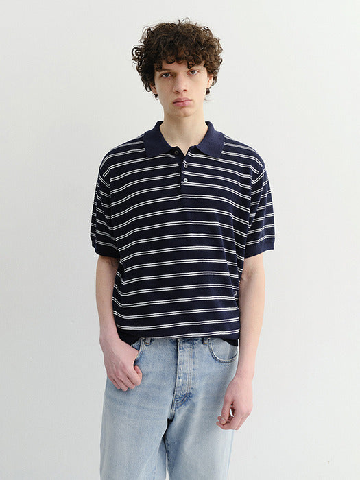 Dunst Unisex Soft Striped Polo Knit Navy