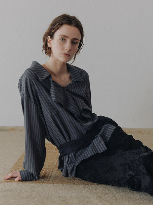 Loeuvre Sheer Striped Asymmetric Placket Shirt