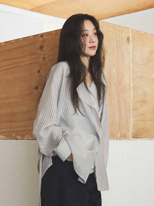 Loeuvre Sheer Striped Asymmetric Placket Shirt