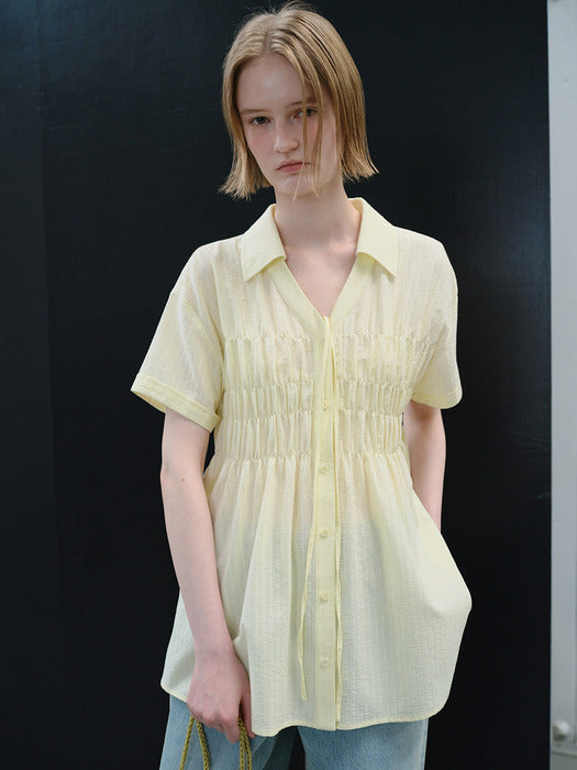 Raive Collared Shirring Midi Blouse