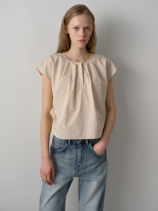 Facade Pattern Cotton Round Neck Tuck Blouse beige