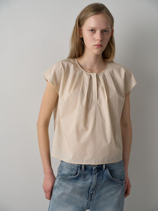 Facade Pattern Cotton Round Neck Tuck Blouse beige