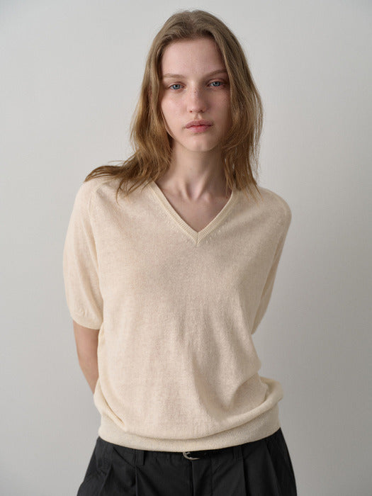 Facade Pattern V-neck Half Sleeve Knitwear ivory