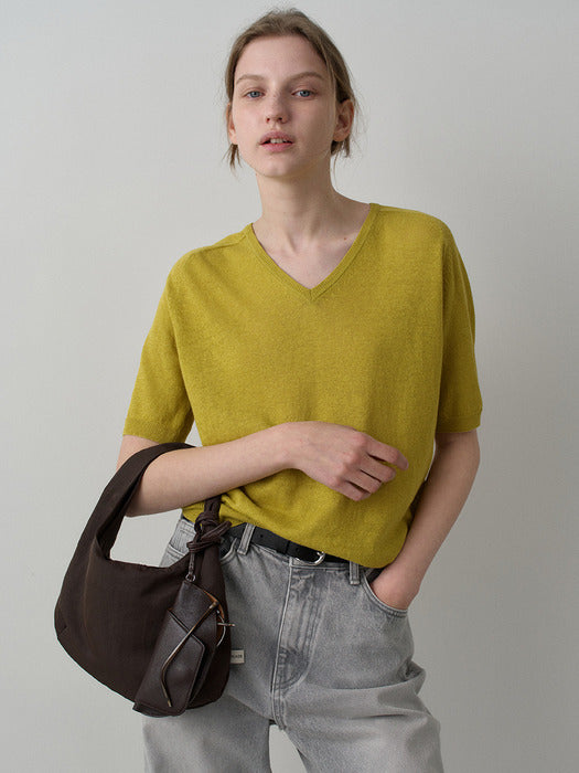 Facade Pattern V-neck Half Sleeve Knitwear olive