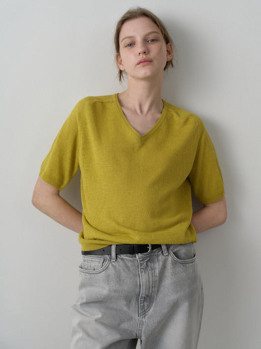 Facade Pattern V-neck Half Sleeve Knitwear olive