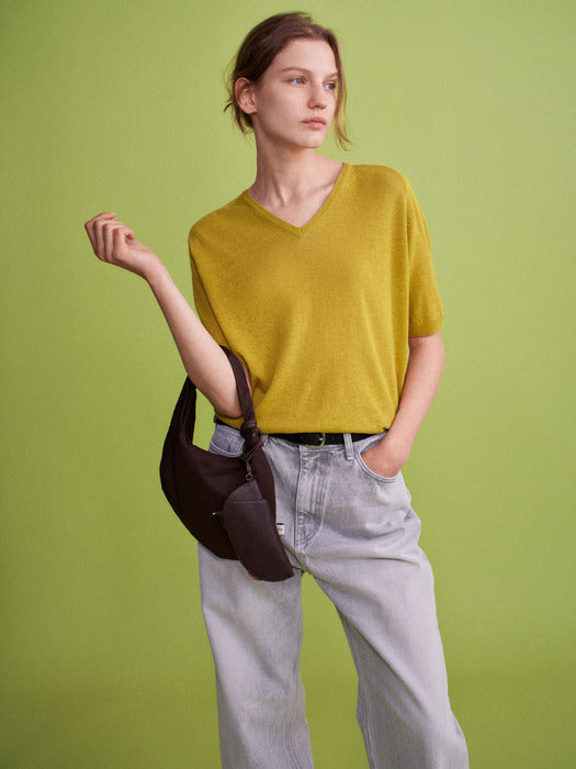 Facade Pattern V-neck Half Sleeve Knitwear olive