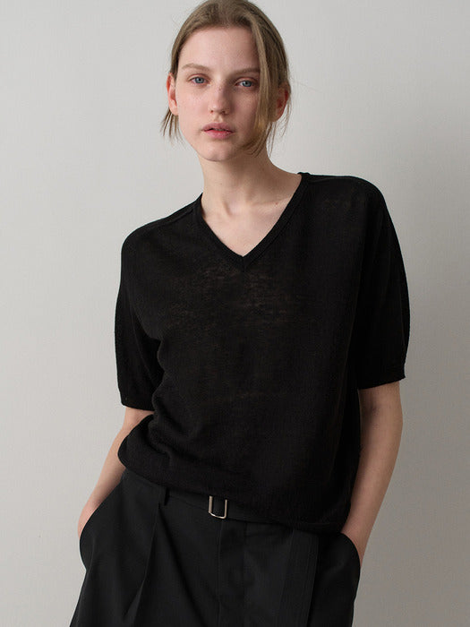 Facade Pattern V-neck Half Sleeve Knitwear black