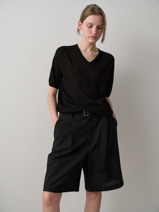Facade Pattern V-neck Half Sleeve Knitwear black