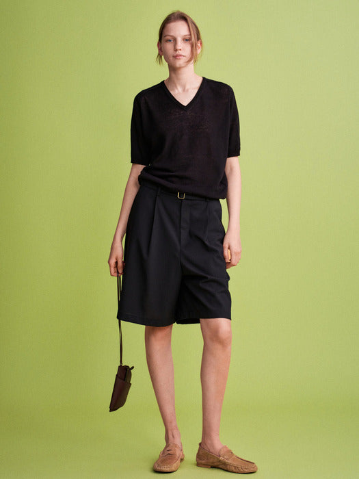 Facade Pattern V-neck Half Sleeve Knitwear black