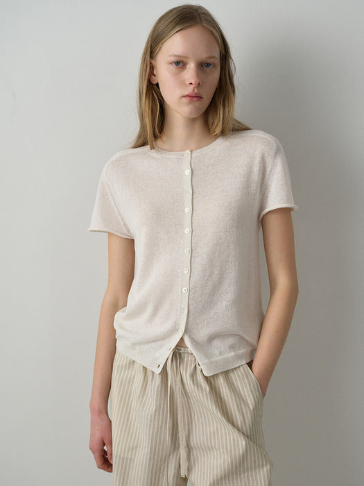 Facade Pattern Linen Half Sleeve Cardigan ivory