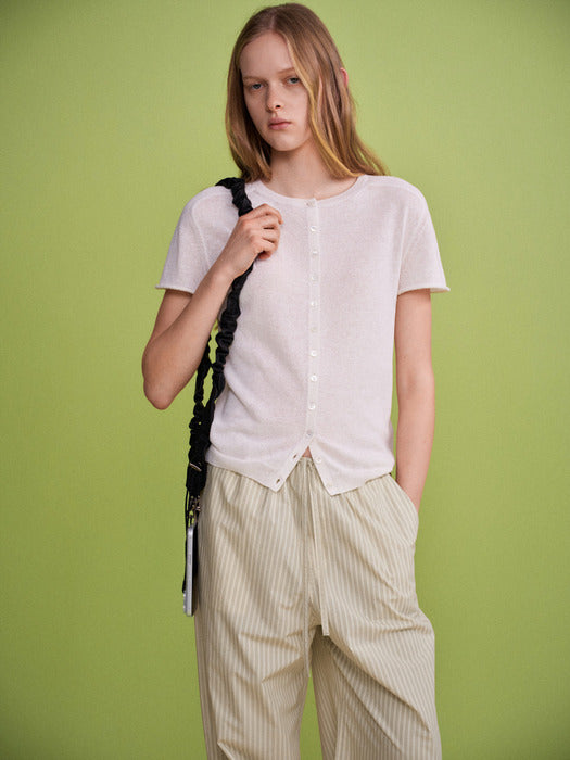Facade Pattern Linen Half Sleeve Cardigan ivory