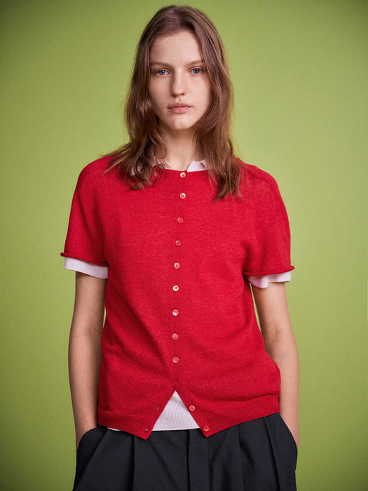 Facade Pattern Linen Half Sleeve Cardigan red