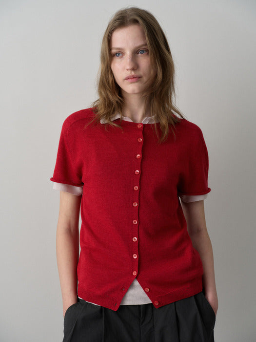 Facade Pattern Linen Half Sleeve Cardigan red