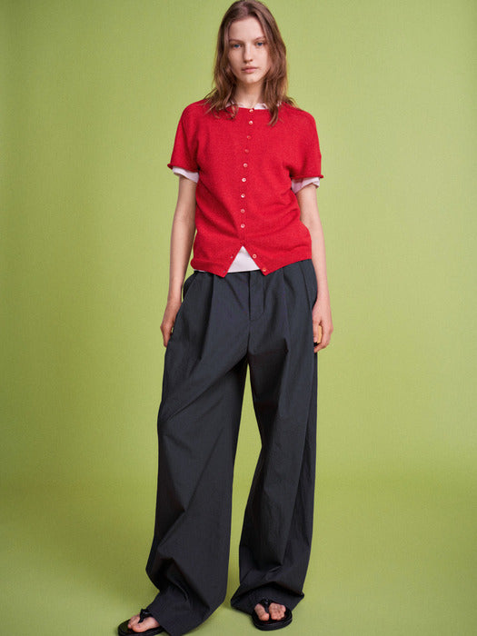 Facade Pattern Linen Half Sleeve Cardigan red