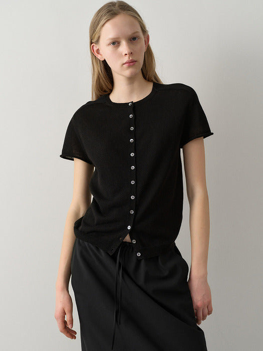 Facade Pattern Linen Half Sleeve Cardigan black