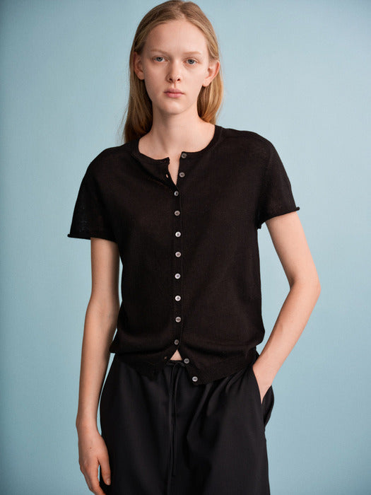 Facade Pattern Linen Half Sleeve Cardigan black