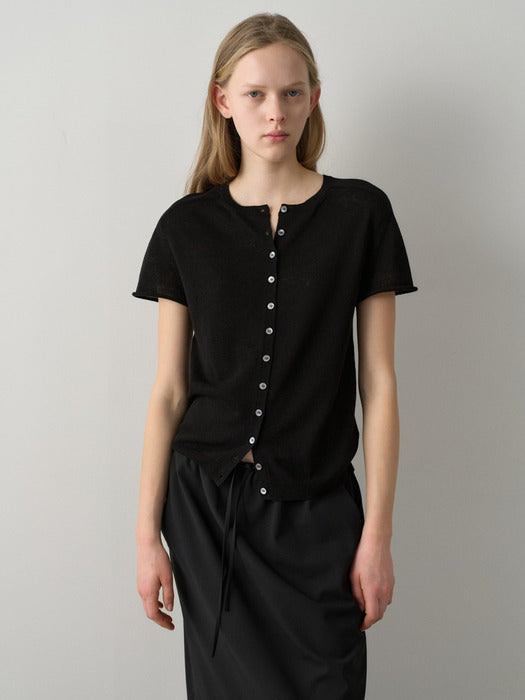 Facade Pattern Linen Half Sleeve Cardigan black