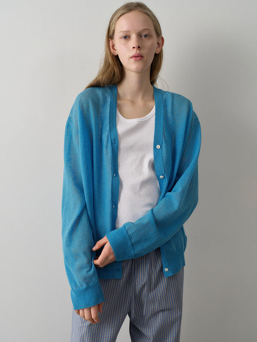 Facade Pattern Oversized V-Neck Sheer Cardigan blue